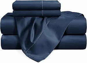 Casa Platino 100% Egyptian Cotton Sheets Twin Size Set - 4 Pcs (1 Flat, 1 Fitted, 2 Pillowcases)- Ultra Smooth Sateen Weave Bed Sheets Set with 15" Deep Pockets - Navy Blue