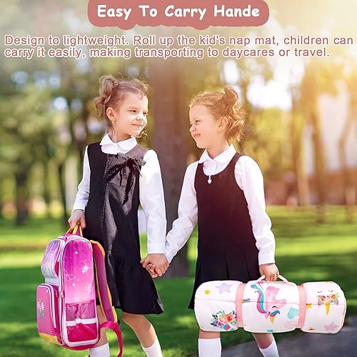 Miniatura 4 de Tapete para siesta para niños pequeños con almohada extraíble y manta suave de lunares Minky Pea Pod Kids de unicornio, bolsas de dormir enrolladas