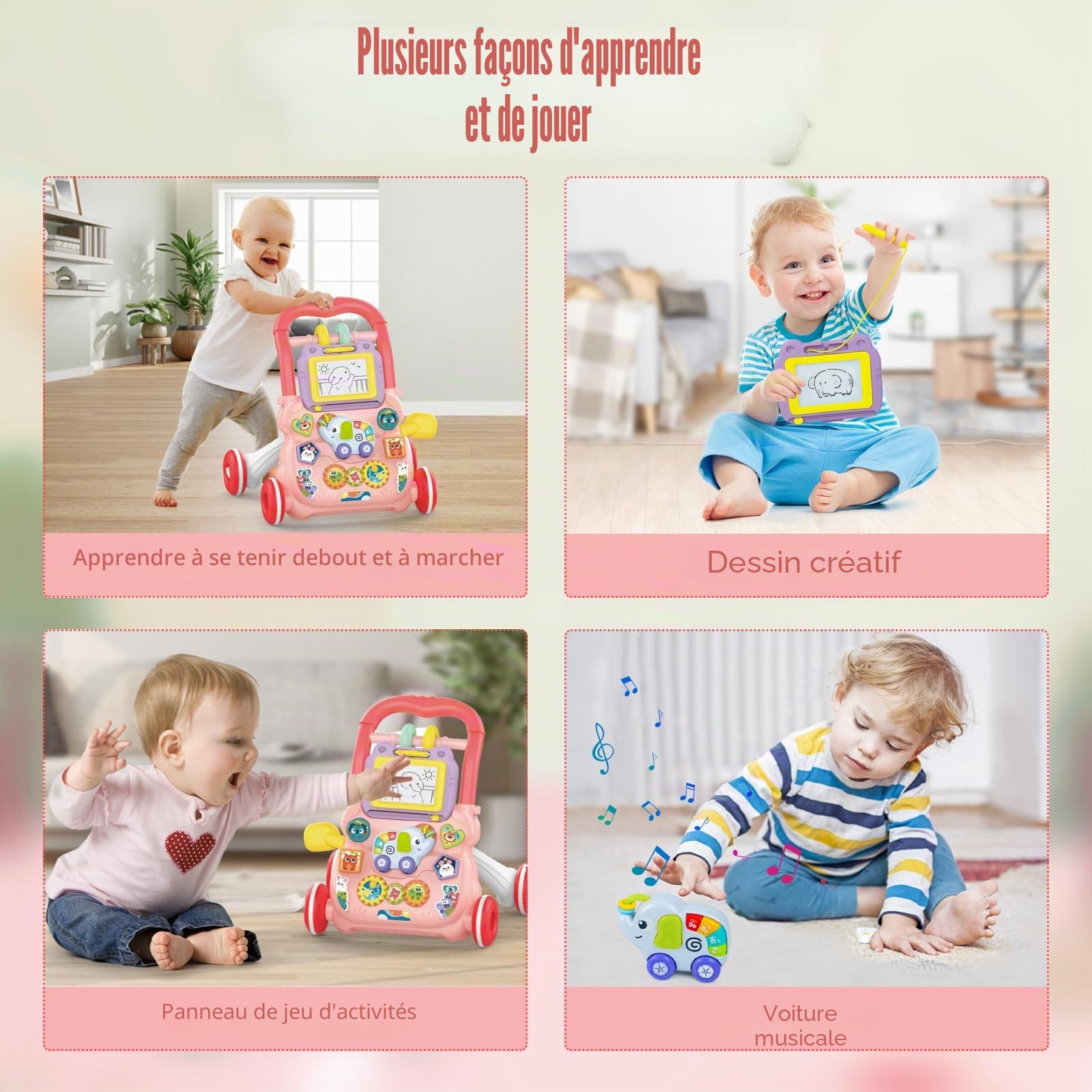 Marcheur D'apprentissage Assis-Debout, Jouet 2 En 1 Pousser pour Bébé avec Musique et Tableau de Dessin, Centre D'activités Éducatives Multifonctionnel pour Enfants Filles Garçons 12M+ (Rose)