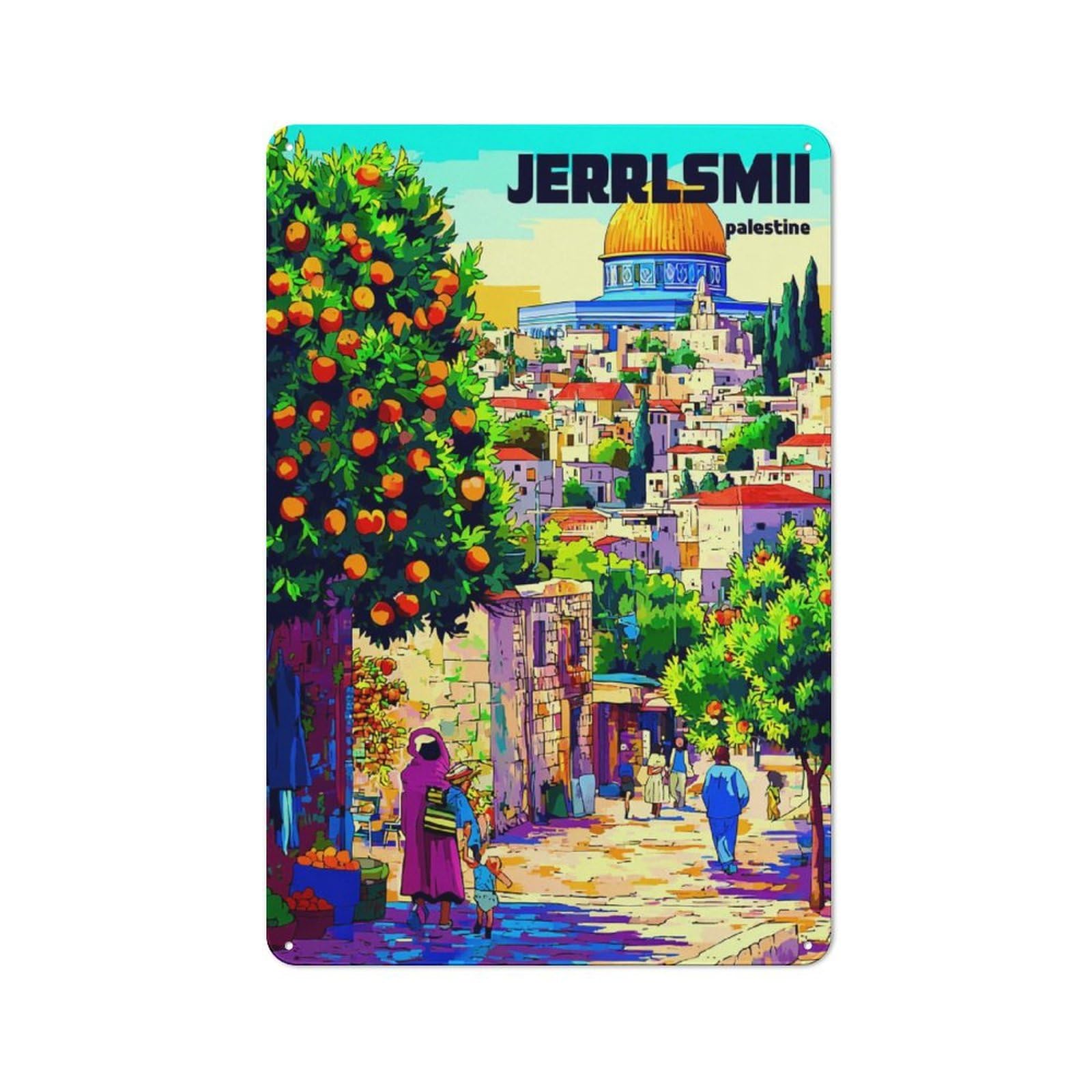 Junmoney Jerusalem's Vibrant Streetscape Shop Front Style Decorative Metal Plaque 30X20cm, Shop Wall Decor For Cafe, Bistro, Bakery Or Restaurant