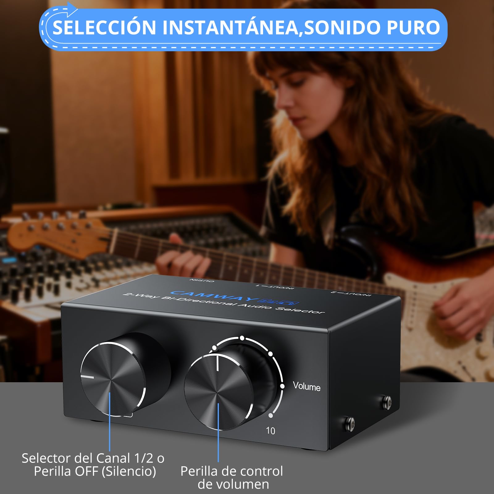 CAMWAY 1x2/2x1 Conmutador de Audio Bidireccional (RCA y 3.5mm) con Control de Volumen e Interruptor Off, Conmutador Estéreo R/L, para Altavoces, Auriculares, Amplificadores, Reproductores de CD