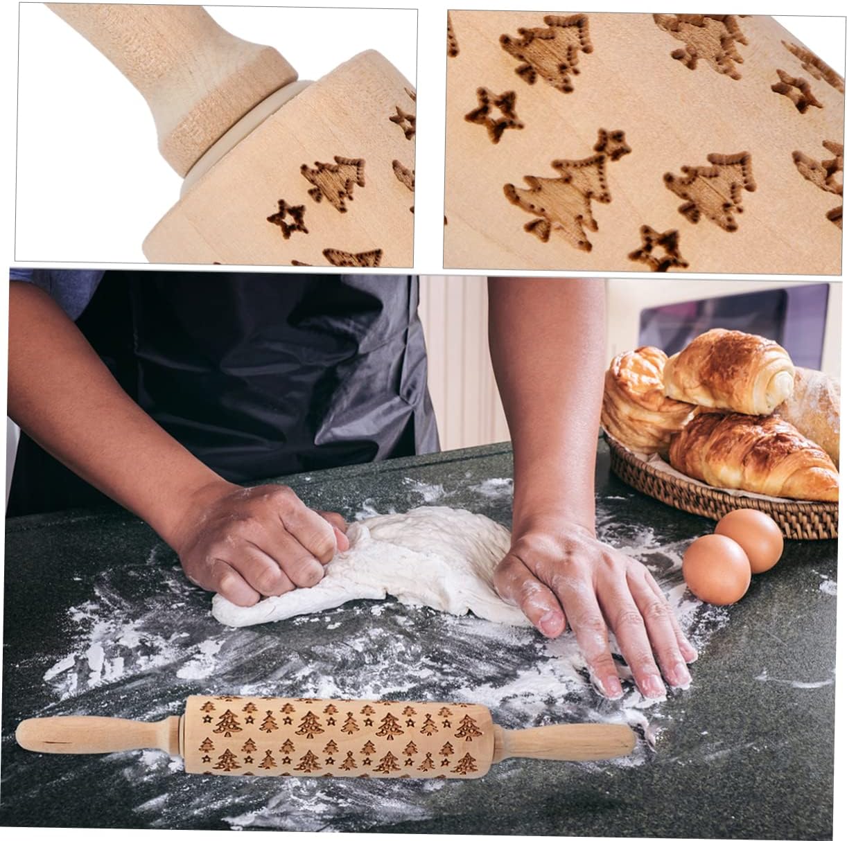 Bakery Equipment,Rolling Pin,Non-Stick Rolling Pin Rolling Sticks Practical Kitchen Tool Wooden Roller Christmas Embossed Design