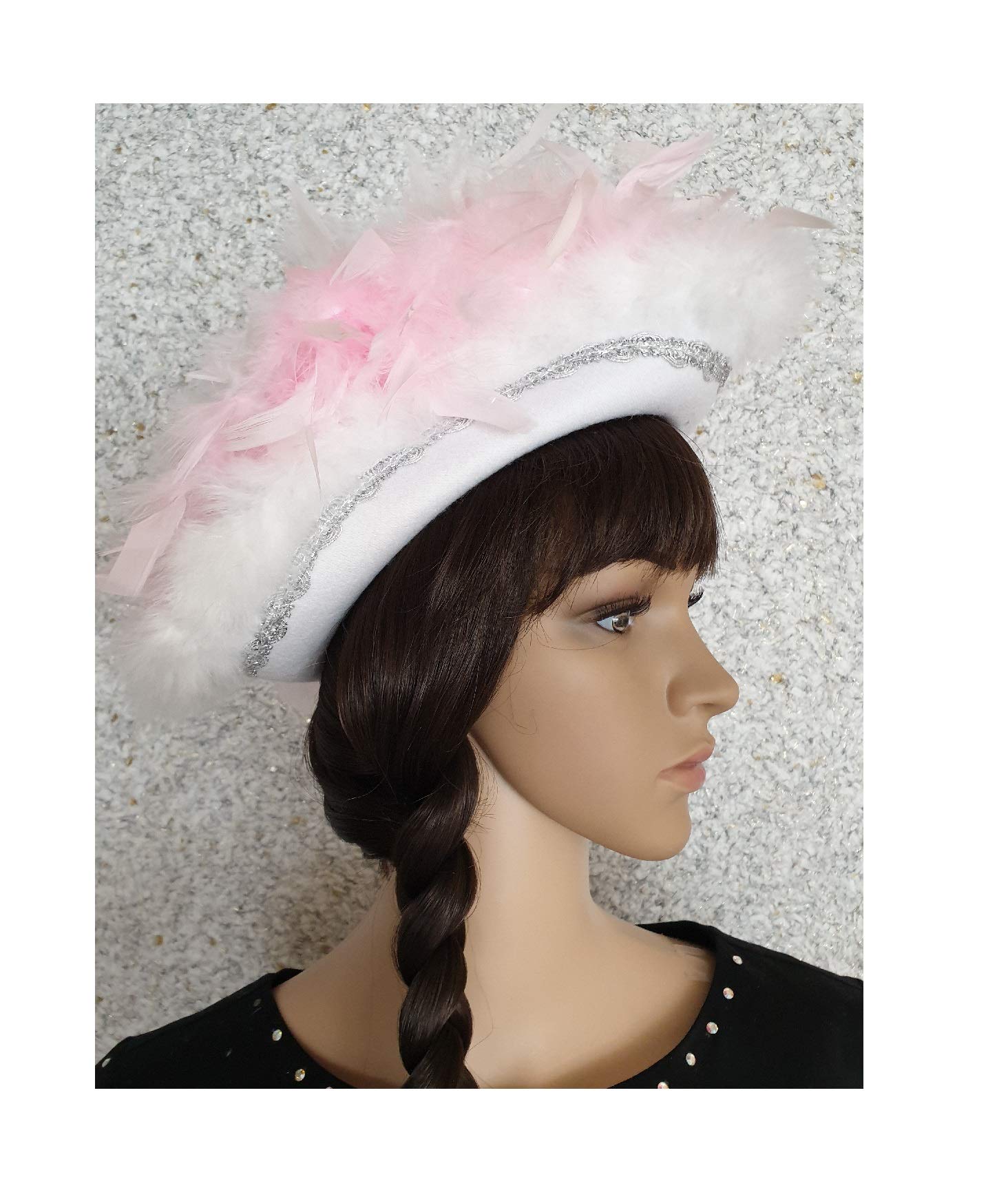 N2-53-54 weiß mit Silberborte und rosa-weißer Boa Kinder-Damen Funkenhut Gr.53-54
