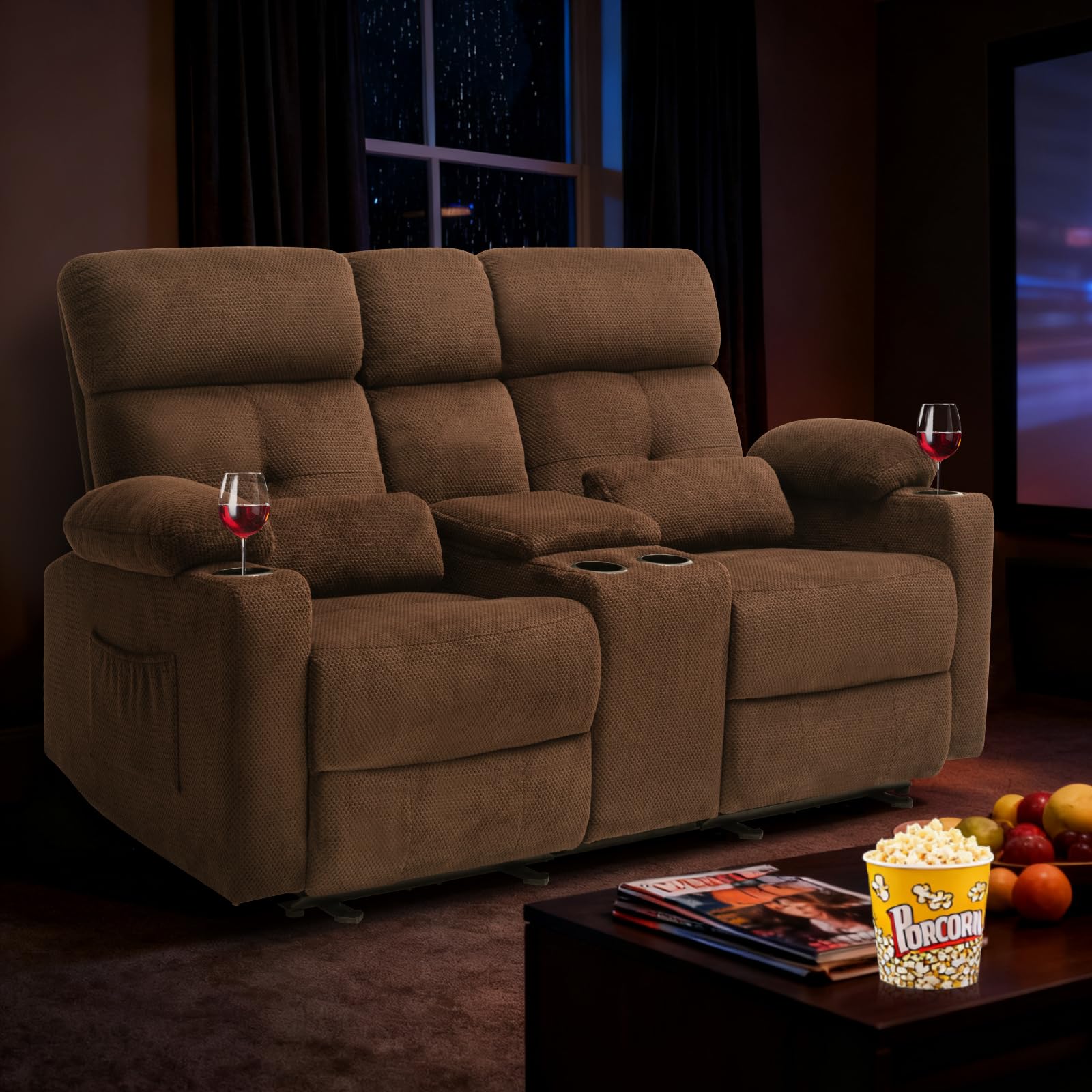 RIHEREFY 68'' RV Loveseat Recliner Sofa with Heat and Massage| RV Reclining Loveseat with Console| Double Reclining Couch with Cup Holder | Loveseat