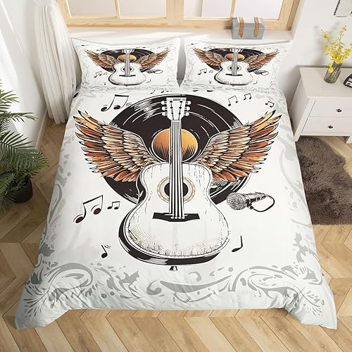 Miniatura 19 de Juego de funda de edredón de guitarra eléctrica, tamaño matrimonial, juego de ropa de cama con notas musicales de rock, disco de vinilo, decoración