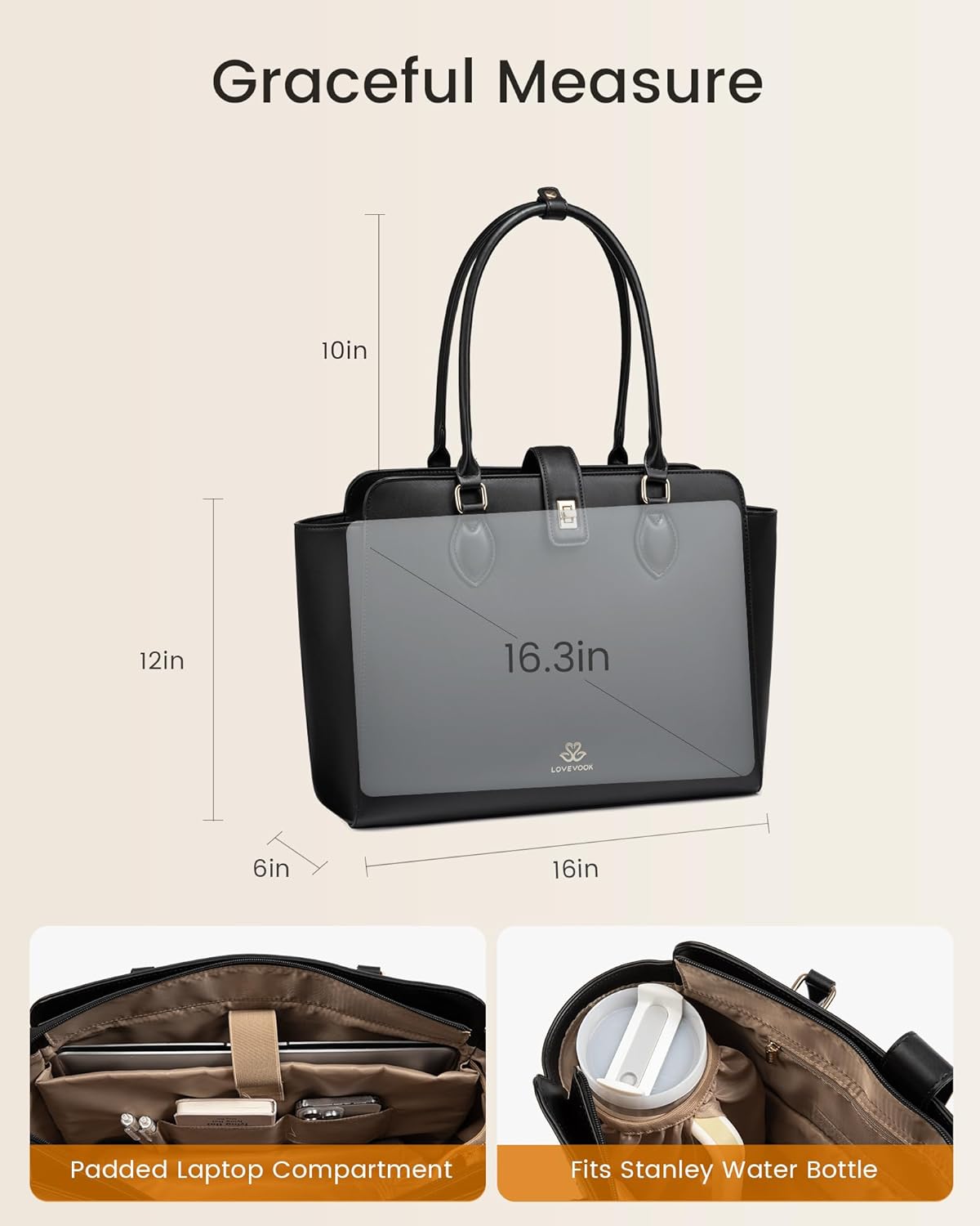 LOVEVOOK Lunch Tote Bag for Women, 2-in-1 Work Tote Bag with Lunch Compartment, Insulated Lunch Bag & 15.6 Inch Laptop Bag for Women, Ideal for Teacher, Nurse and Camping Use, Black - Image 5