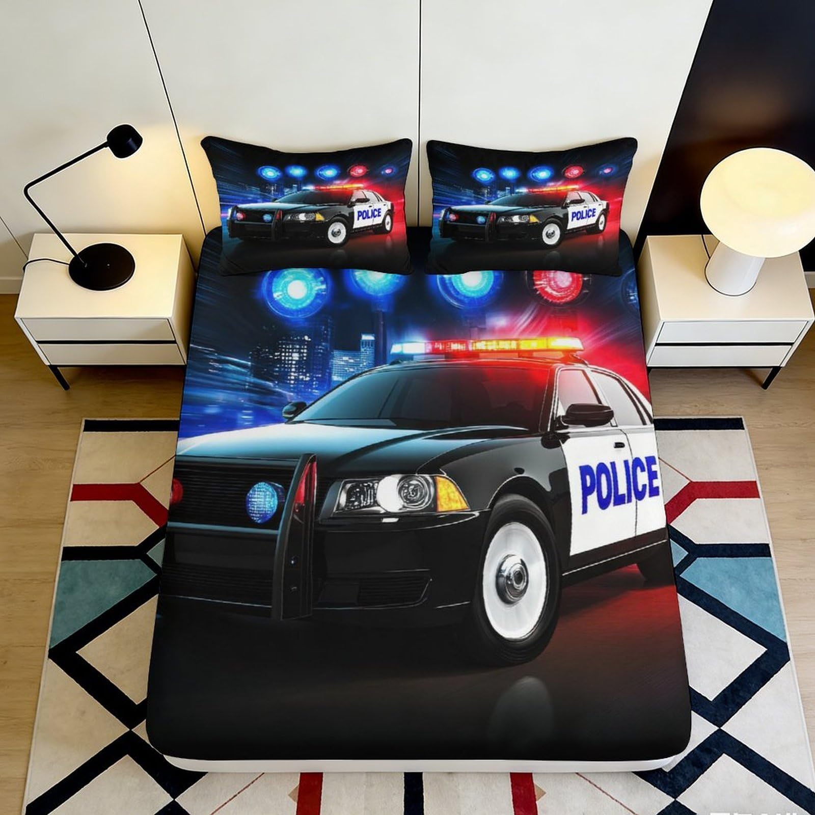 3D Printed Police Car Fitted Sheet Microfiber Bedroom Bedding Set Police Car Mattress Fitted Cover Deep Pocket Non-Slip Washable Full Wrap 200x200x25cm 90x200x25cm