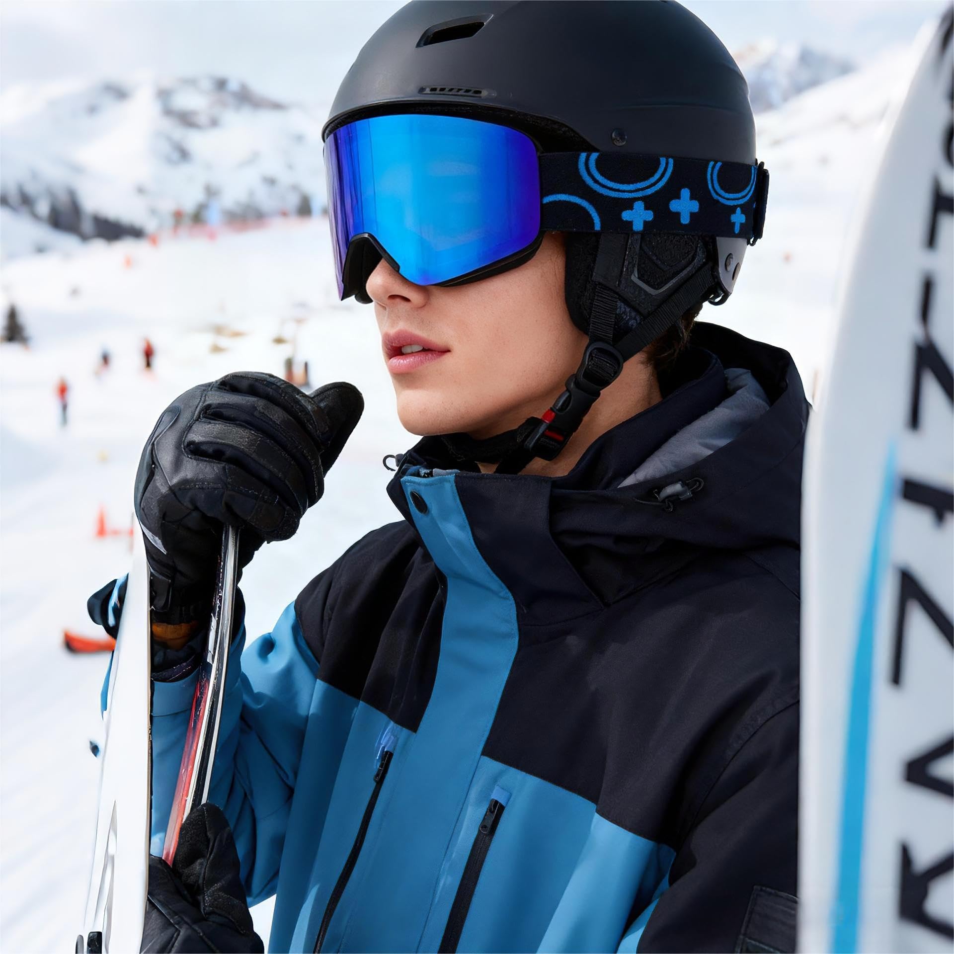 YH879B Lunettes de ski OTG et de planche à neige avec verres magnétiques interchangeables, protection UV et anti-buée, lunettes de neige pour homme et femme (monture noire, bleu Revo intégral, VLT 19