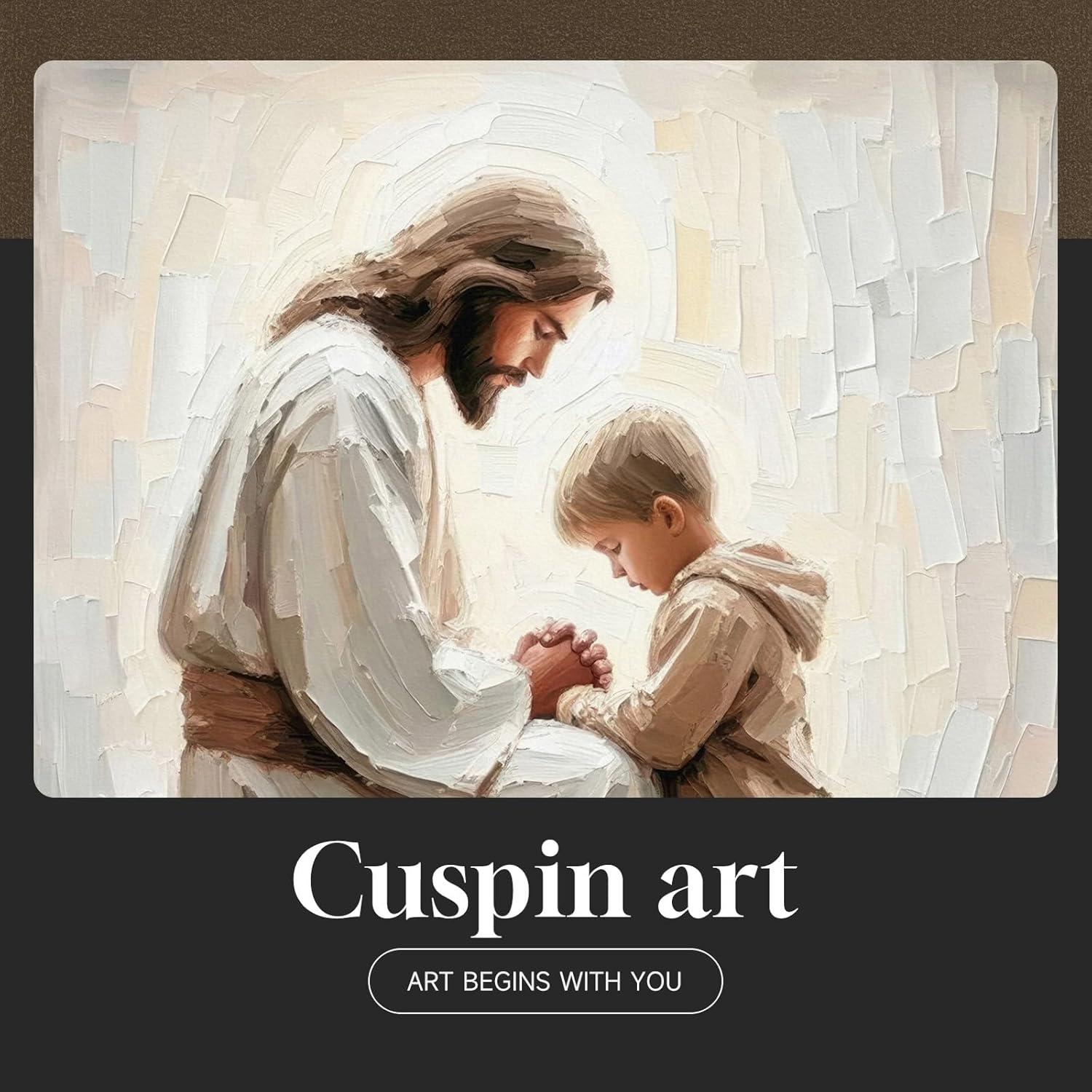 Framed Christian Wall Art, Jesus and Little Boy Praying Canvas Print, Inspirational Religious Artwork for Kids Room Nursery Prayer Room, 12x16 Inch