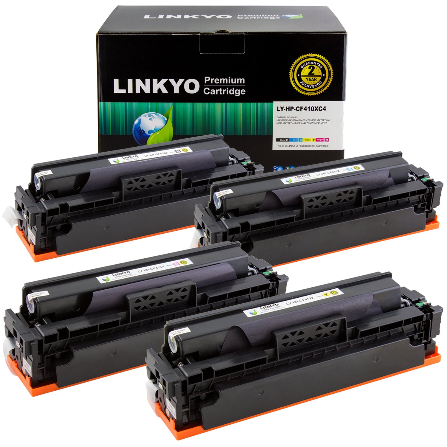 LINKYO Compatible Replacement for HP 410X 410A CF410X CF411X CF412X CF413X Color Toner Cartridge (Black, Cyan, Magenta, Yellow, 4-Pack)