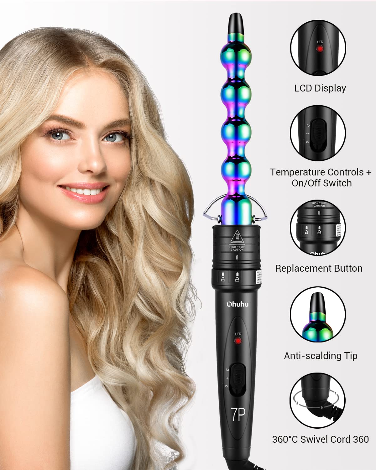 7 in 1 Curling Iron Wand Set, Ohuhu Upgrade Curling Wand with 7Pcs 0.35 to 1.25 Inch Interchangeable Ceramic Barrels and Heat Protective Glove Gifts, Rainbow Color