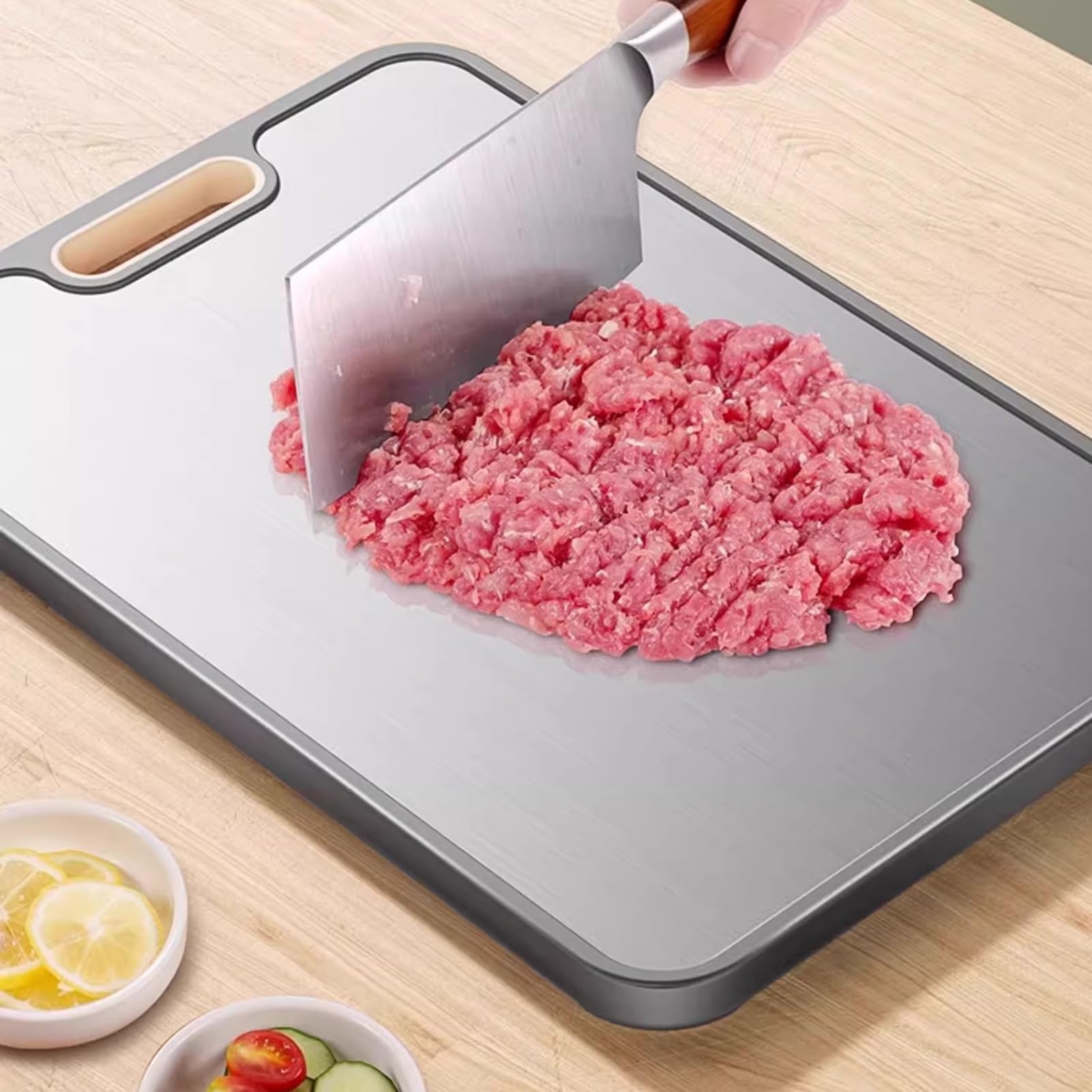 1 pieza Tabla Cortar Acero Inoxidable 304 , Tabla para Cortar Cocina, Doble Cara Cutting Board, Acero Inoxidable Apto para Uso Alimentario Y Paja De Trigo, para Cocinar Carne, Verduras, Frutas, Pan