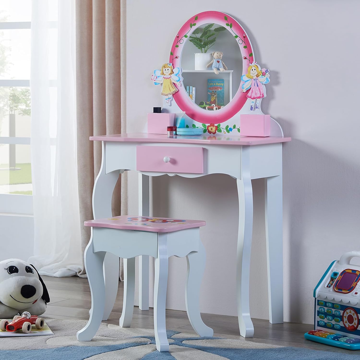 HILIROOM Kids Vanity Set with Mirror and Stool, Girls