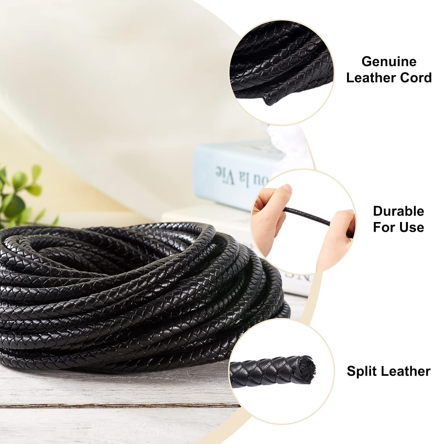 Pandahall 10.93 Yards Round Braided Genuine 6mm Boho Leather Cord Leather Strip Cord Braiding String for Bracelet Necklace Beading Jewelry DIY Crafts(Black)