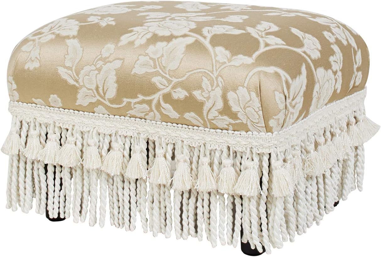 Jennifer Taylor Home Fiona Accent Footstool Ottoman, Champagne Beige Floral Jacquard with Ivory Trim