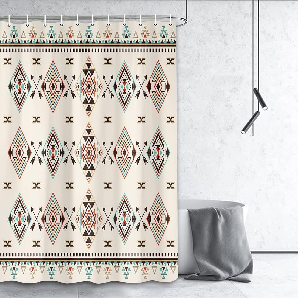 Aztec Shower Curtain, Southwest Geometric Native American Pattern Tribal Navajo Boho Fabric Shower Curtains Set, Bohemian Modern Home Bathroom Curtain Sets, 69X78 Inches with Hooks, Beige
