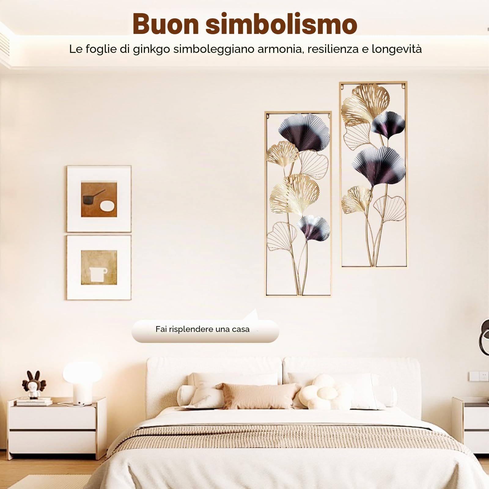 HazLope Set da 2 decorazioni da parete in metallo con foglie di ginkgo, quadro da parete con foglie di ginkgo, scultura da parete, ornamento da parete, appendiparete con cornice lunga e foglia di