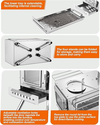 Miniatura 3 de Estufa de leña para camping, estufa de leña para quemar en tienda de campaña, estufa portátil para tienda caliente para camping, caza, pesca en