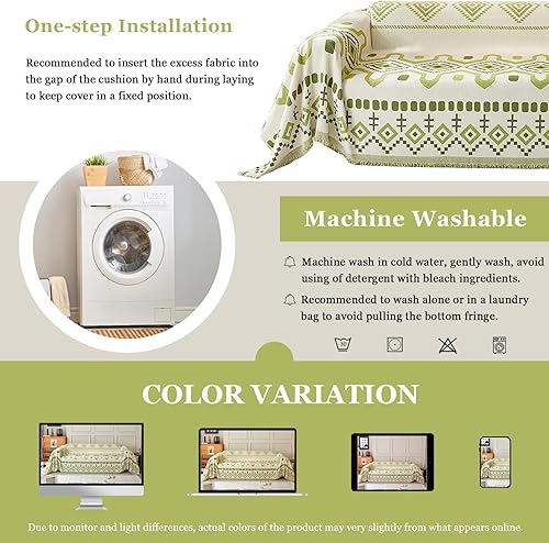 Miniatura 6 de DREAMINGO Fundas de sofá color beige y negro para sofá de 3 plazas, protector geométrico bohemio de muebles de 3 asientos, funda reversible de