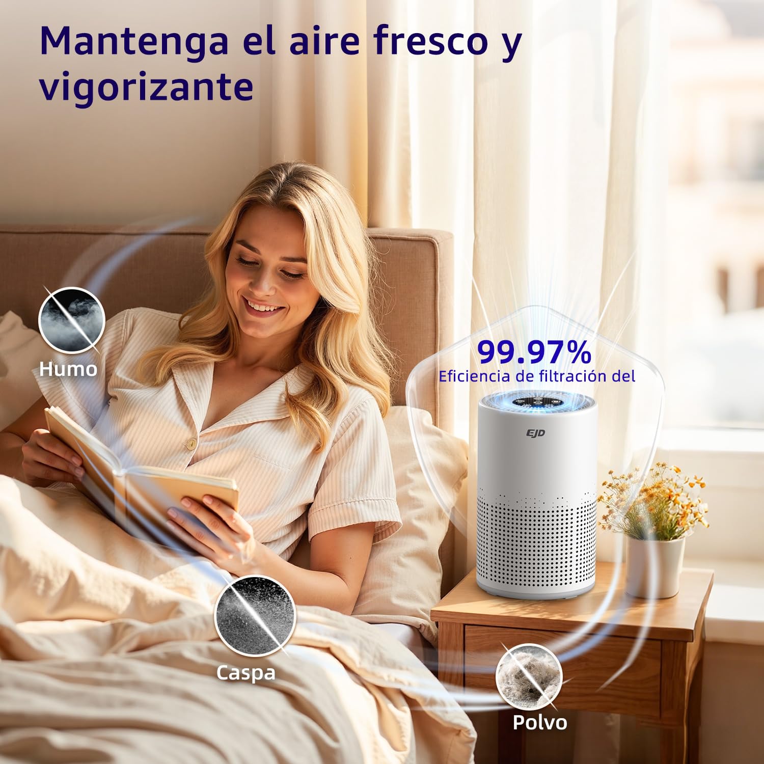 Purificador de aire EJD H13 True HEPA para hogar y dormitorio | Modo de suspensión de 12 dB, control de velocidad, temporizador, para olores, polvo, humo y polen
