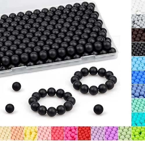 120 cuentas de silicona de FIVEIZERO de 0.59 pulgadas, cuentas de silicona negras para hacer llaveros, cuentas redondas de silicona para hacer