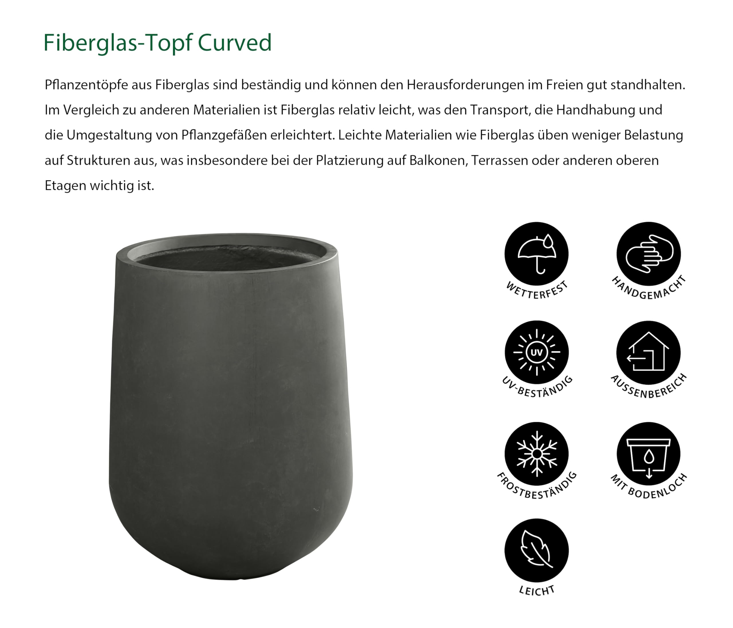 Dehner Blumenkbel Pflanztopf Curved, mit Bodenloch,  auen 40 cm/ innen  31 cm, Hhe 55 cm, Fiberglas, grau : Amazon.de: Garten