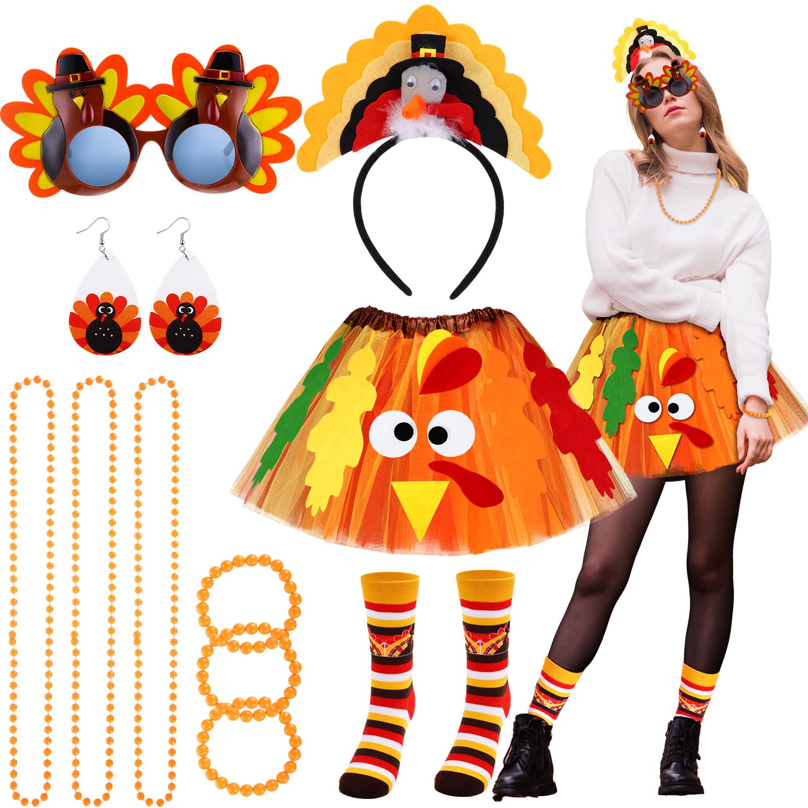 Hicarer 19 Pcs Thanksgiving Turkey Costumes Tutu Skirt Turkey Headband Glasses Socks Earring for Women Kid Autumn Fall Outfit