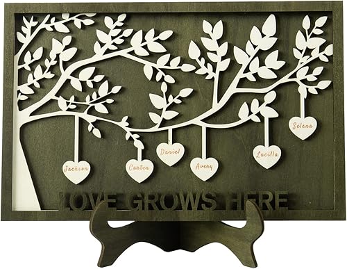 Vista 218 de Árbol genealógico con etiqueta de corazón, placas de madera grabadas personalizadas, regalos personalizados para madres, padres, escritorio, nombres