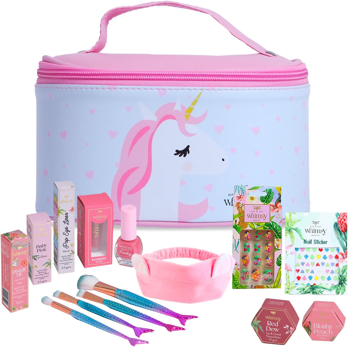 13-Piece Safe & Organic Unicorn Travel Beauty Kit for Girls, Preteens & Teens | Water-Washable Makeup Set with Lip Balm, Lip Cheek Tint, Lip Gloss, Eye Glitter, Nail Polish & Brushes