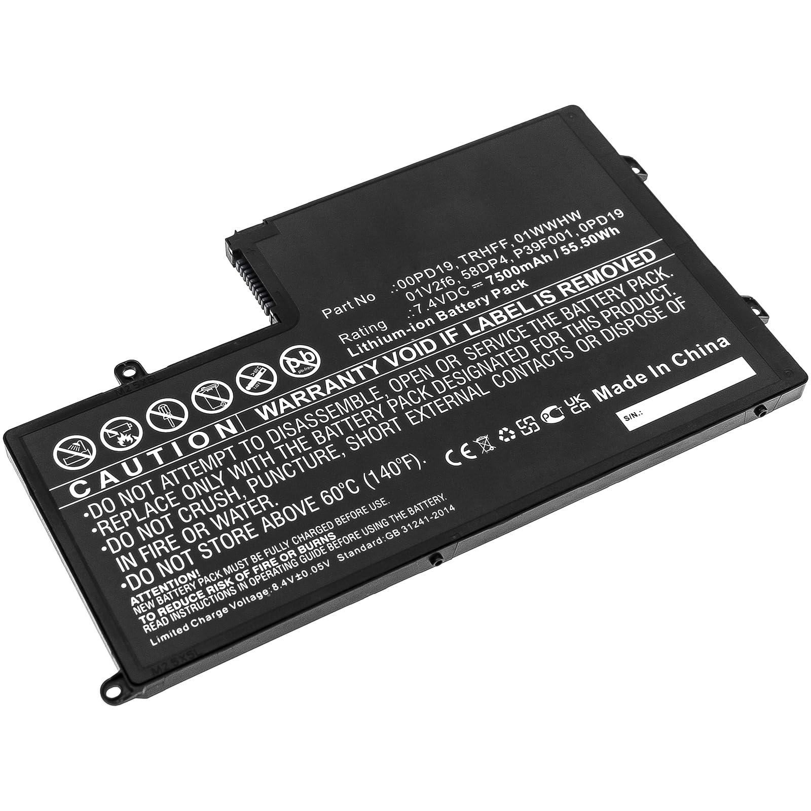 Replacement Battery for DEL'L 00PD19,01V2f6,01WWHW,0PD19,58DP4,P39F001,TRHFF,PN:00PD19,01V2f6,01WWHW,0PD19,58DP4,P39F001,TRHFF,7500mAh