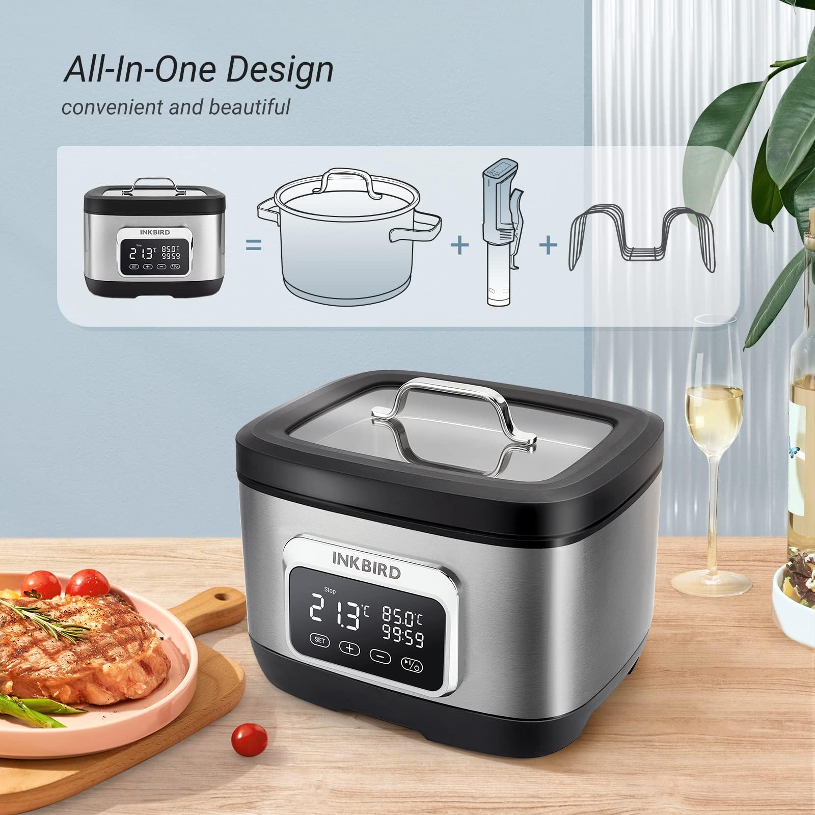 INKBIRD ISV-500W WiFi Cuiseur Sous Vide, Sous Vide Cooker avec Grille| Chauffage Rapide à Circulation d'eau Électromagnétique 3D, avec Recettes Prédéfinies par APP, 700W, Ultra-Silencieux, Inox, 8L