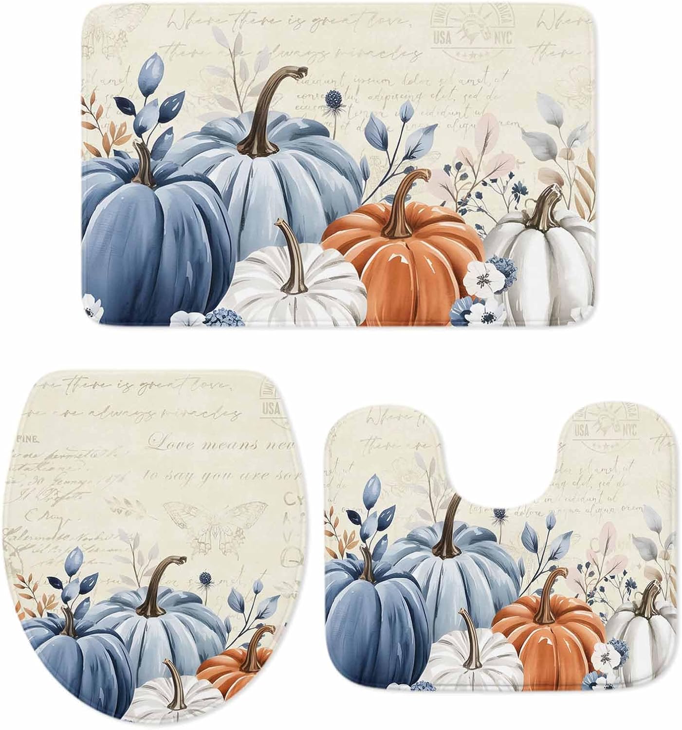 Amazon.com: Fall Bathroom Rugs and Mats Sets 3 Piece Blue Pumpkin Bath ...