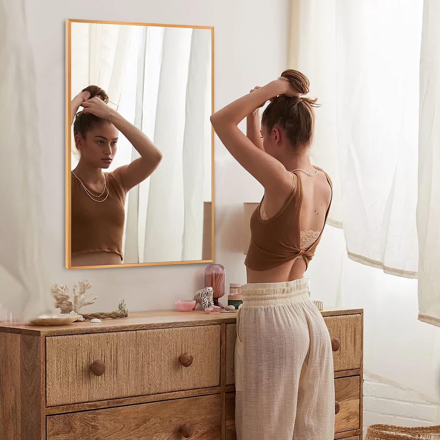 NeuType 38"x26" Wall-Mounted Mirror Rectangular Hanging Mirror Metal Framed Wall Mirror, Best for Bathroom, Washroom, Bedroom, Living Room, Gold, No Stand