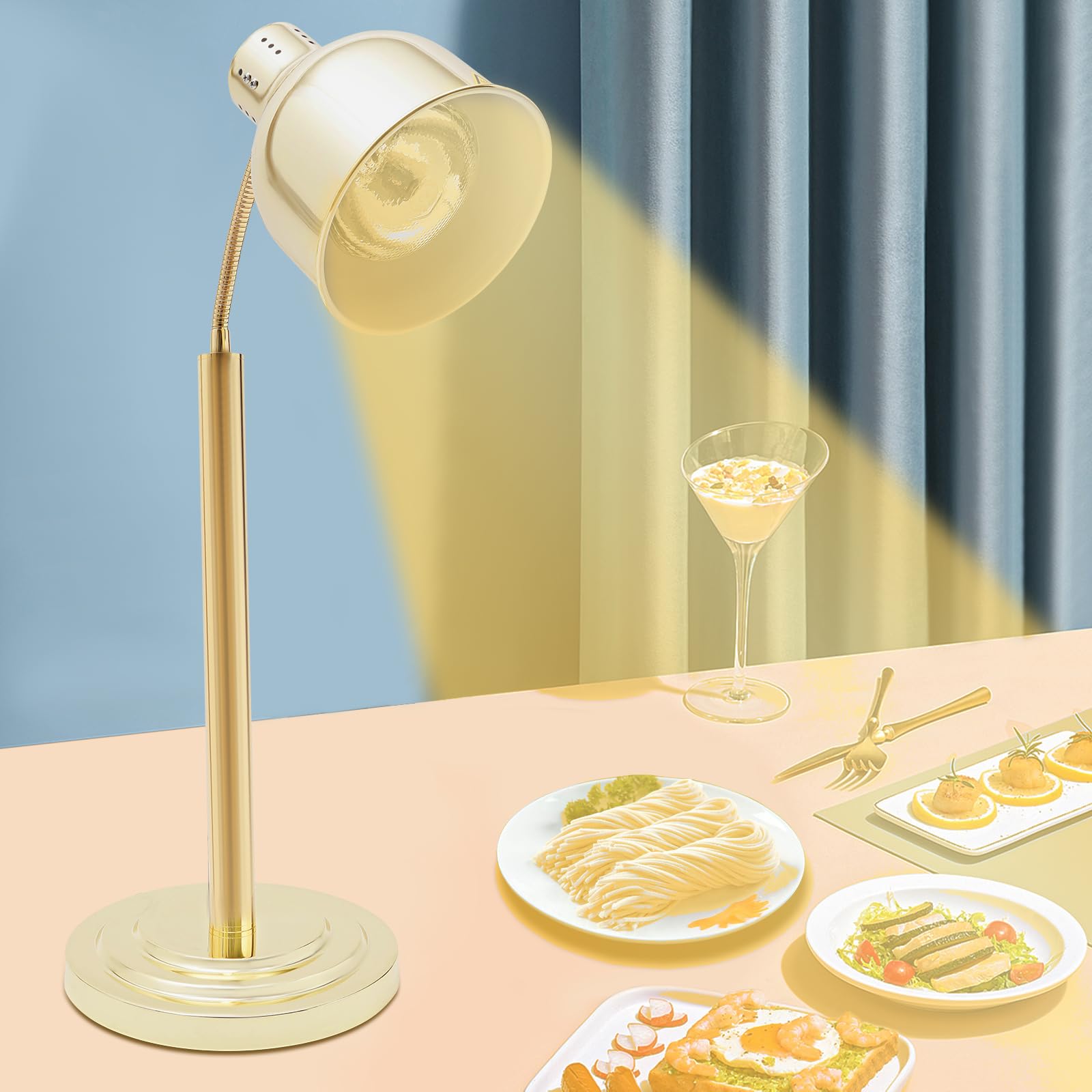 Food Heat Lamp, 250W 110V Commercial Heating Lamp for Food with 180° Swiveled Bulb, 140°F Temperature Control, for Kitchen Cafeteria Restaurant Buffet (Gold)