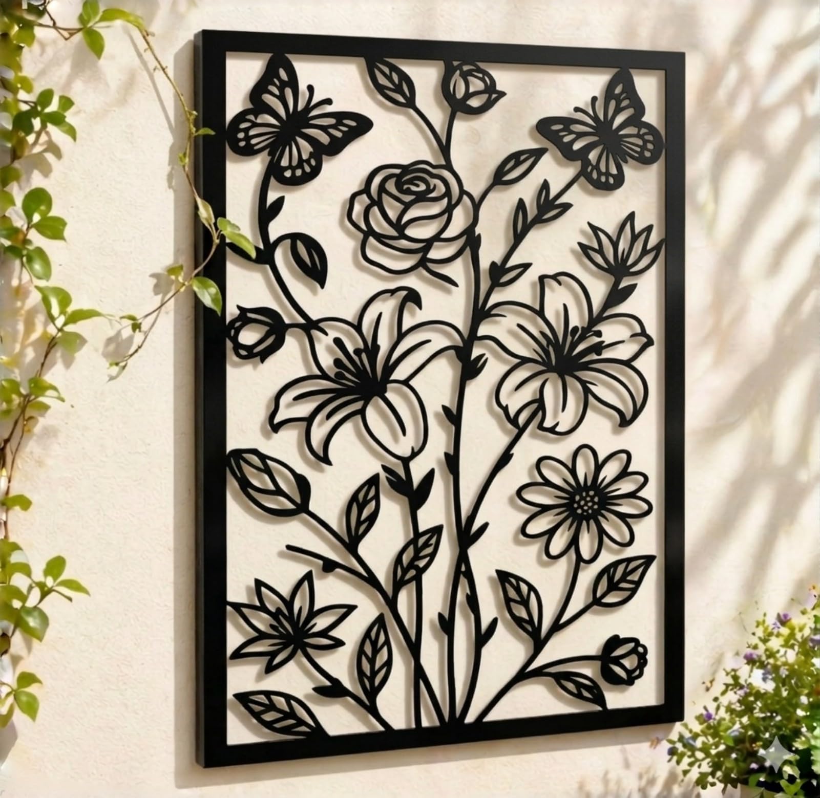 BGJJGT Metal Wall Art Floral Butterfly Modern Hollow Out Sculpture Decor