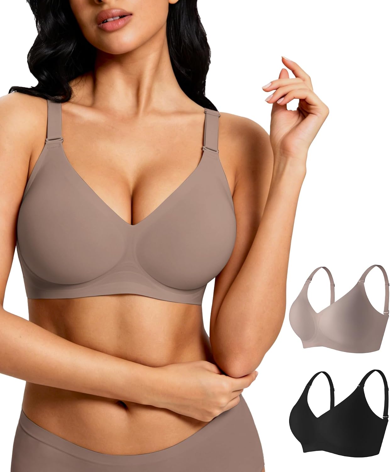 Jelly Bras for Women 2 Pack - Wireless Push Up Seamless Bra V Neck No Underwire Padded Comfortable Tshirt Bralettes