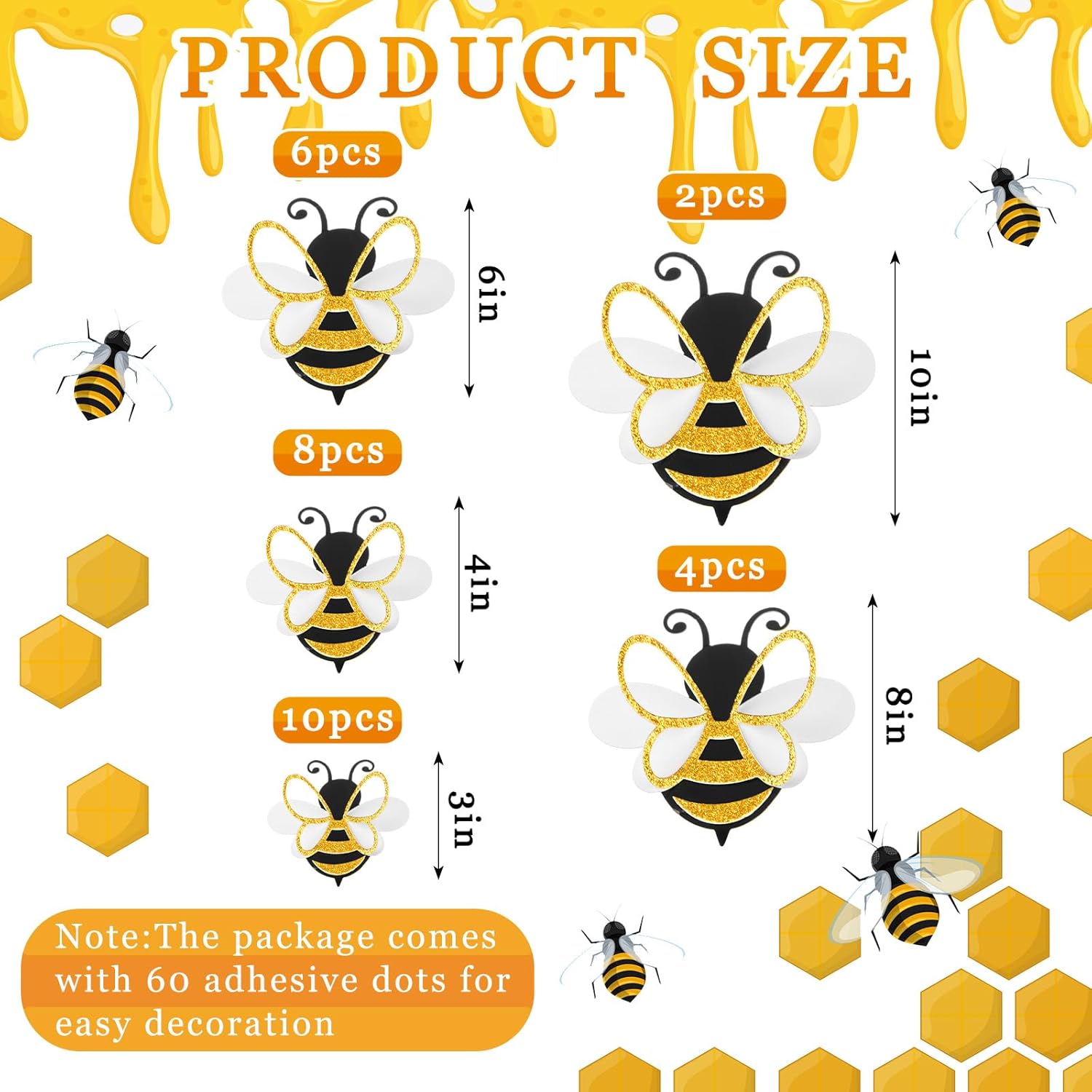 30 Pcs 3D Bee Decoration 5 Sizes Honey Bumble Wall Sticker Decor for Classroom Large Glitter Bee Themed Decals Confetti Cute Adhesive Birthday Baby Shower Outdoor Home Garden(Classic Style)