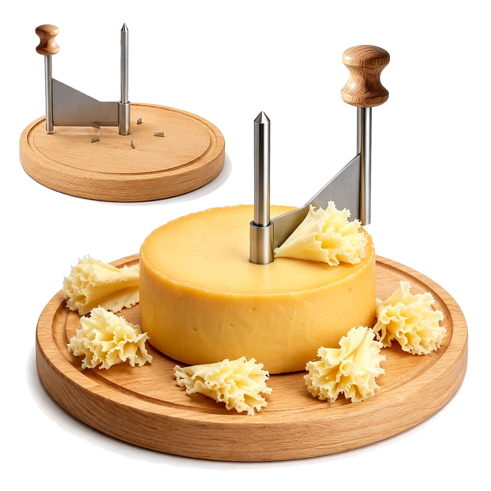 Affetta formaggio rotonda in legno per Tête de Moine, diametro 22 cm x 14,3 cm, raschietto rotante per formaggio con lama in acciaio inox, per fiori di formaggio e cioccolato, bigodini per gourmet