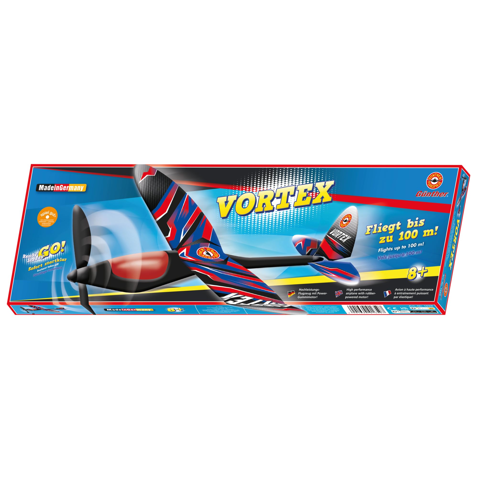 Günther Flugspiele 1659 - Avion haute performance Vortex, env. 49 x 50 cm, avec moteur en caoutchouc puissant, portée de vol jusqu'à 100 m, pour les enfants à partir de 8 ans
