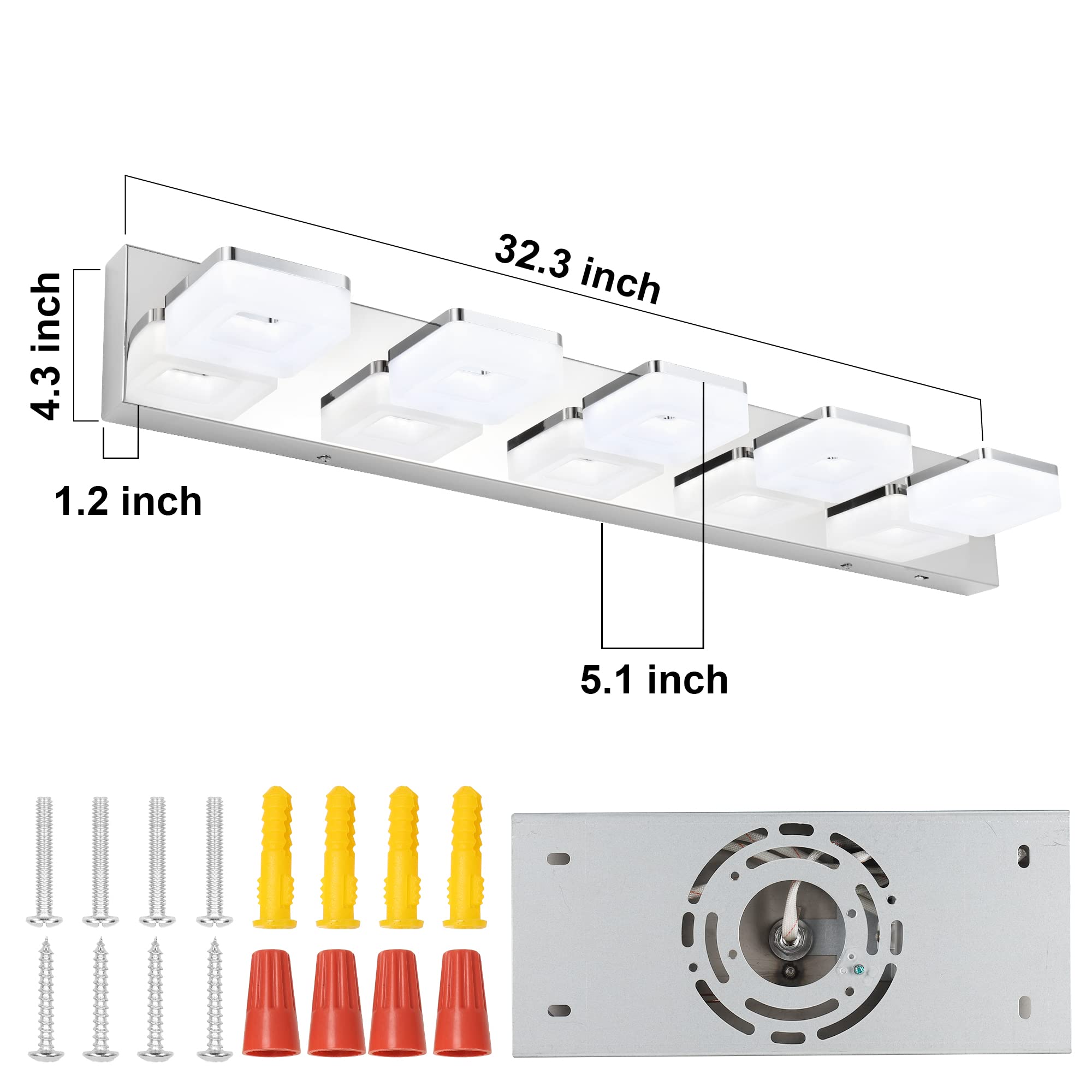 3 Farben dimmbare Badezimmerleuchten über Spiegel LED Chrom Make-up Leuchten Acryl Edelstahl 5 Licht Badezimmer Make-up-Leuchten, einstellbar 3.000 K/4.000 K/6.000 K, 360° drehen