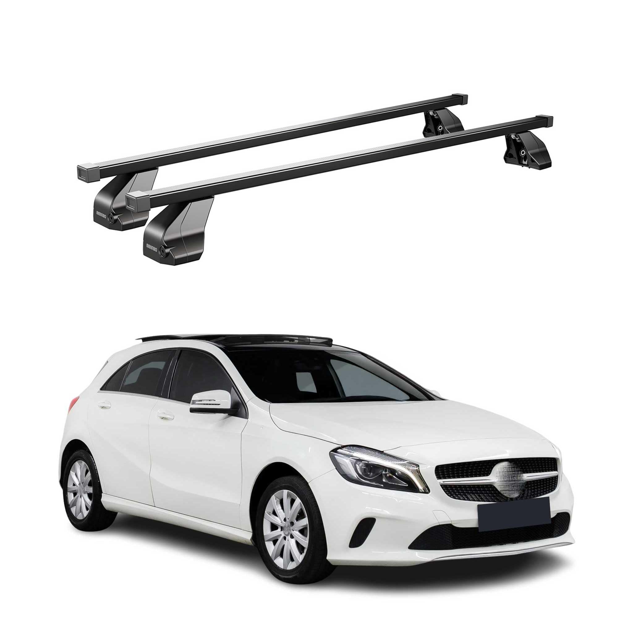 Barras de techo transversales Menabo – Compatible con Mercedes Clase A W176 2013-2018 – Galería de techo – Porta-Bagajes portabicicletas de techo – Pieza de techo de acero 2X – Capacidad de carga 75