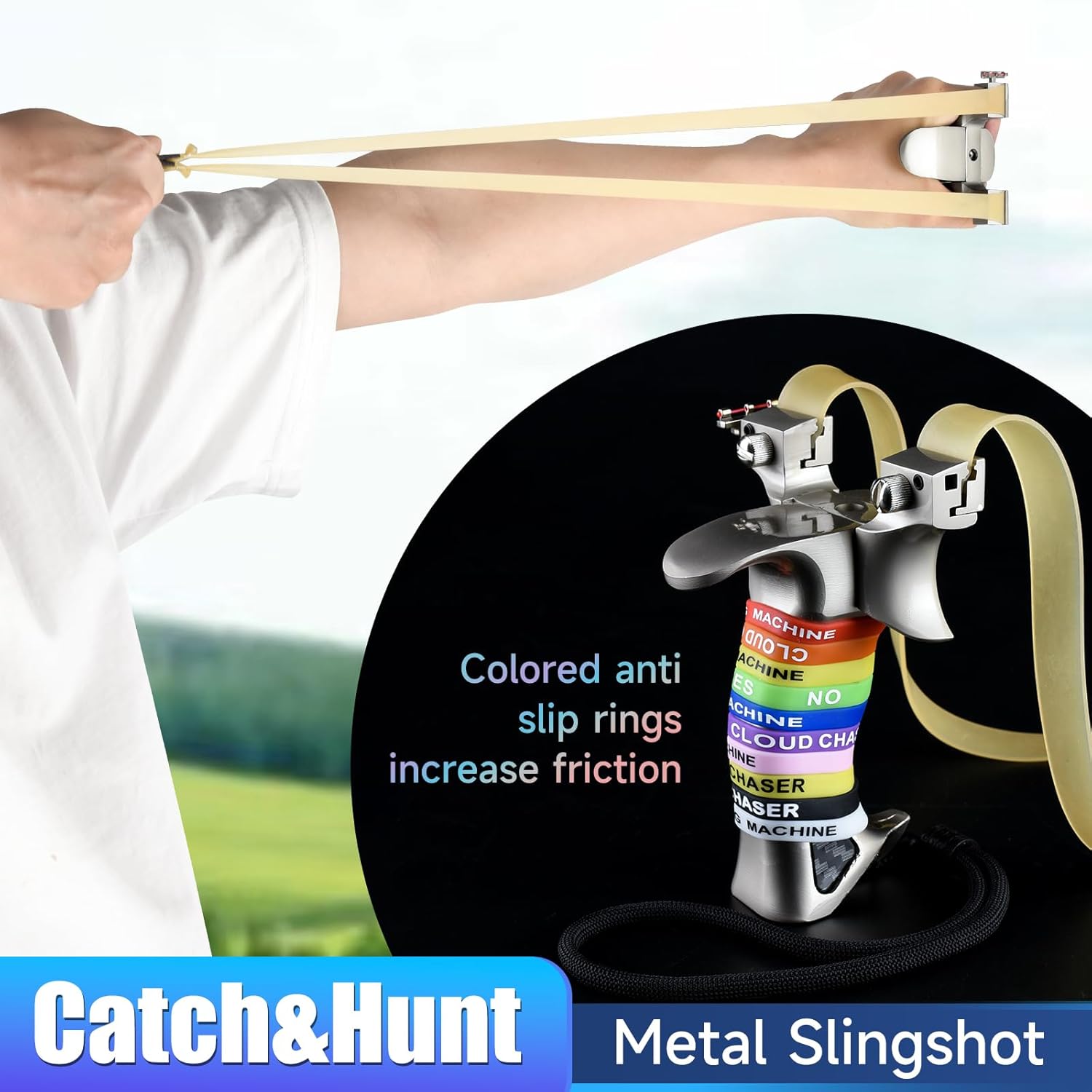 Catch&Hunt Slingshot,Outdoor Hunting and Shooting Metal Professional Slingshot for Adult,Clay and Metal Ammo,Thickened Rubber Bands,Target