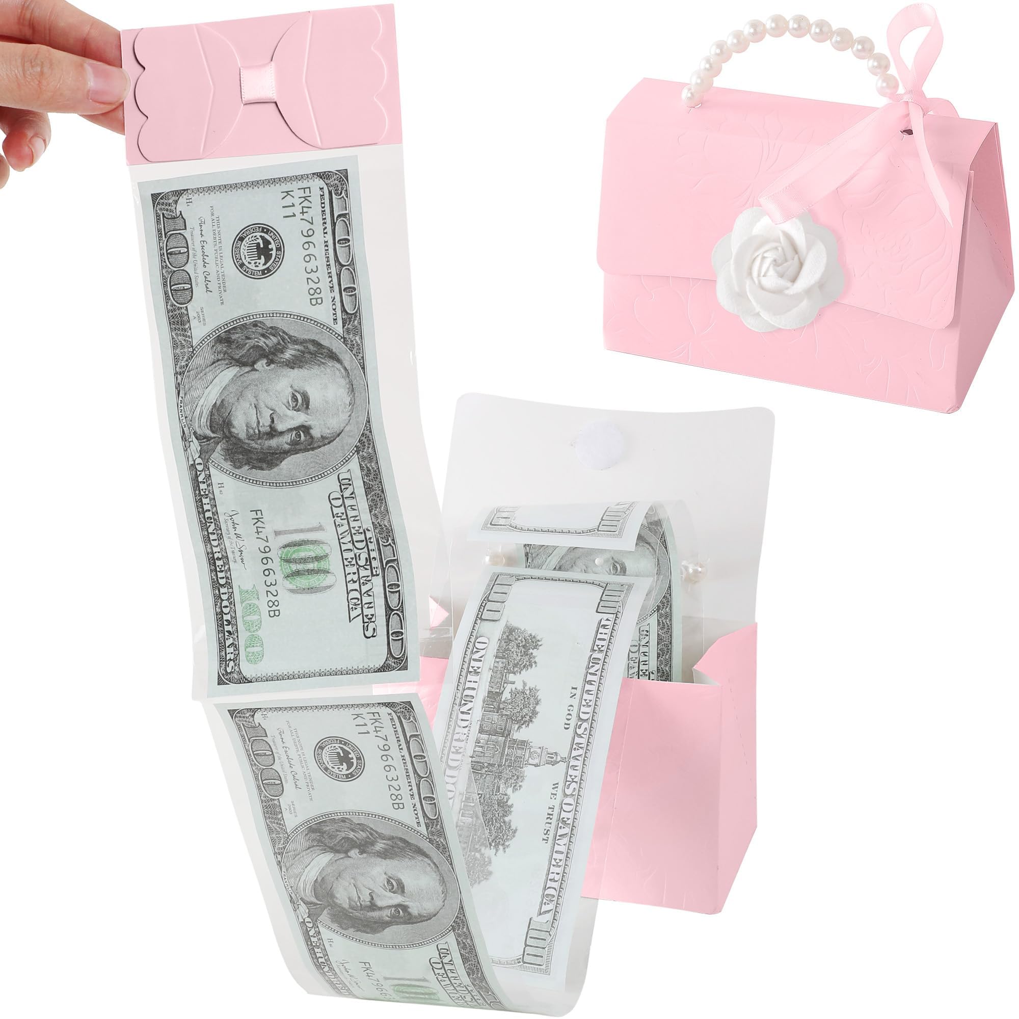 Litvana Ribbon Cardboard Surprise Box - Mini Rose Money Pull Cash Box for Birthday, Anniversary, Christmas Pink
