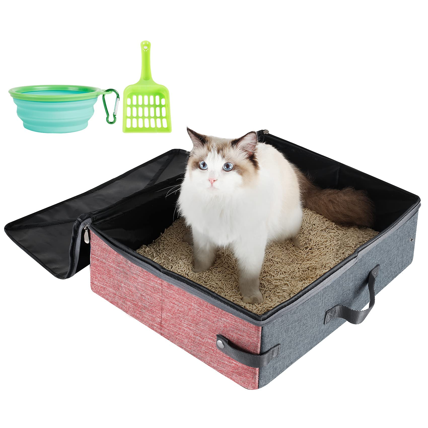 HiCaptain Travel Cat Litter Box with Lid and Handle Standard Portable Collapsible Litter Carrier for Cat (for Large and Multiple Cats, Pink/Gray)