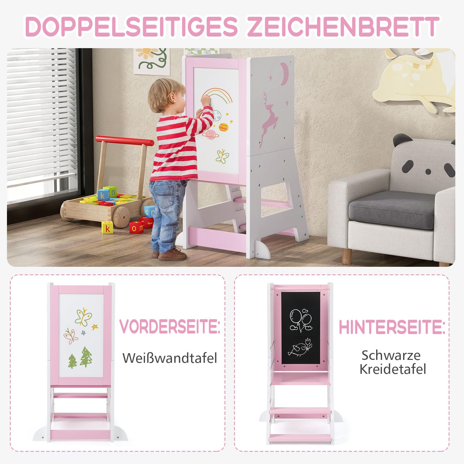 GOPLUS Lernturm Kinder, Mehrzweck-Tritthocker aus Holz mit 3 verstellbare Höhen, Lernstuhl Baby mit Whiteboard, Tafel, 3 Stiften, für Kinder ab 1 Jahren, 37 x 50 x 87 cm (Rosa)