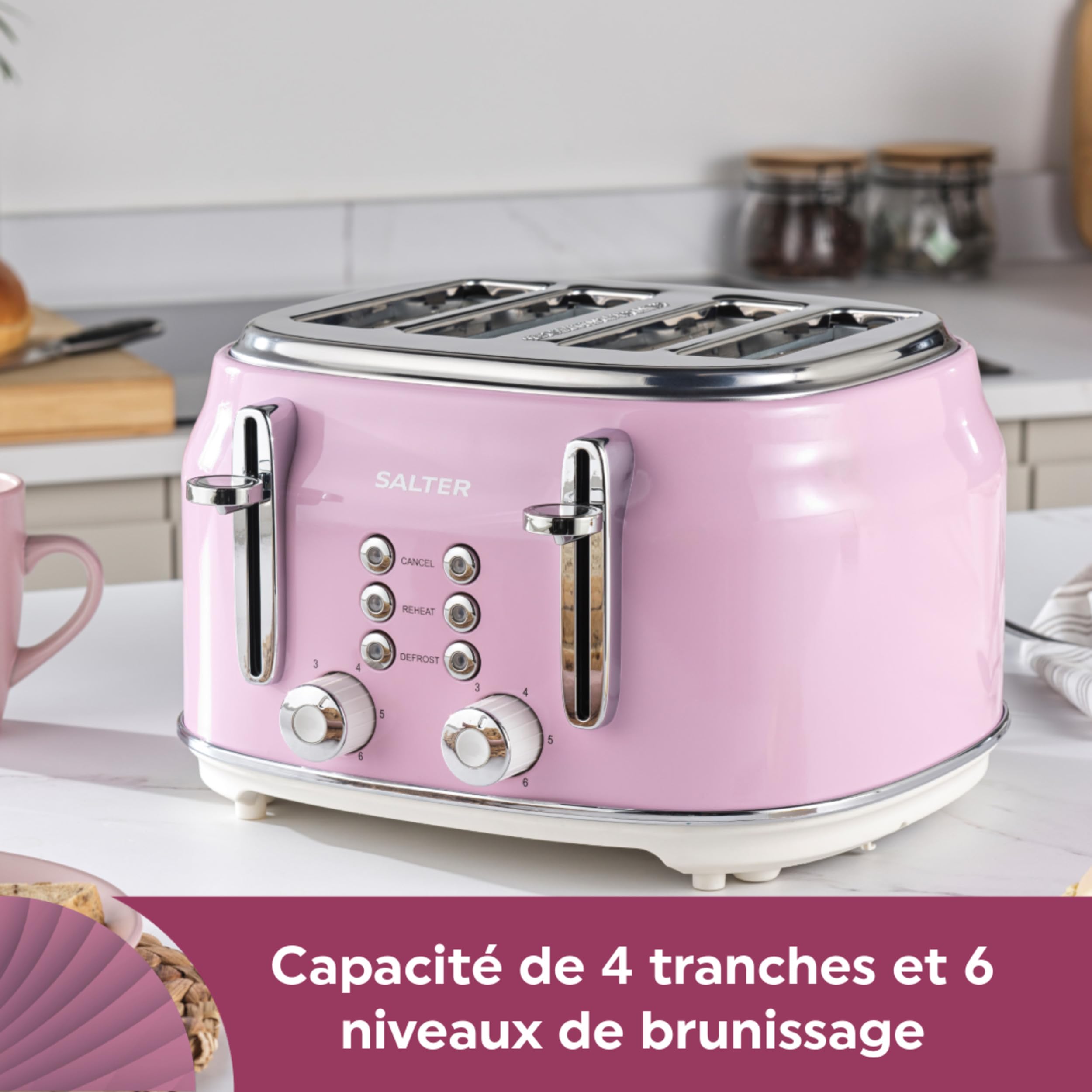 Salter Grille-Pain Rétro 4 Tranches – Fentes Larges, 6 Niveaux de Brunissage, Fonctions Décongélation, Réchauffage, Annulation, Ramasse-Miettes Amovible, Auto-centrage, 1630W, Rose, EK5739PNKVDE
