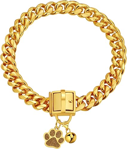 Collar de cadena para perro, collar de cadena de oro de 0.555 pulgadas con eslabones cubanos de 0.55 pulgadas, con hebilla de cierre segura, cadena