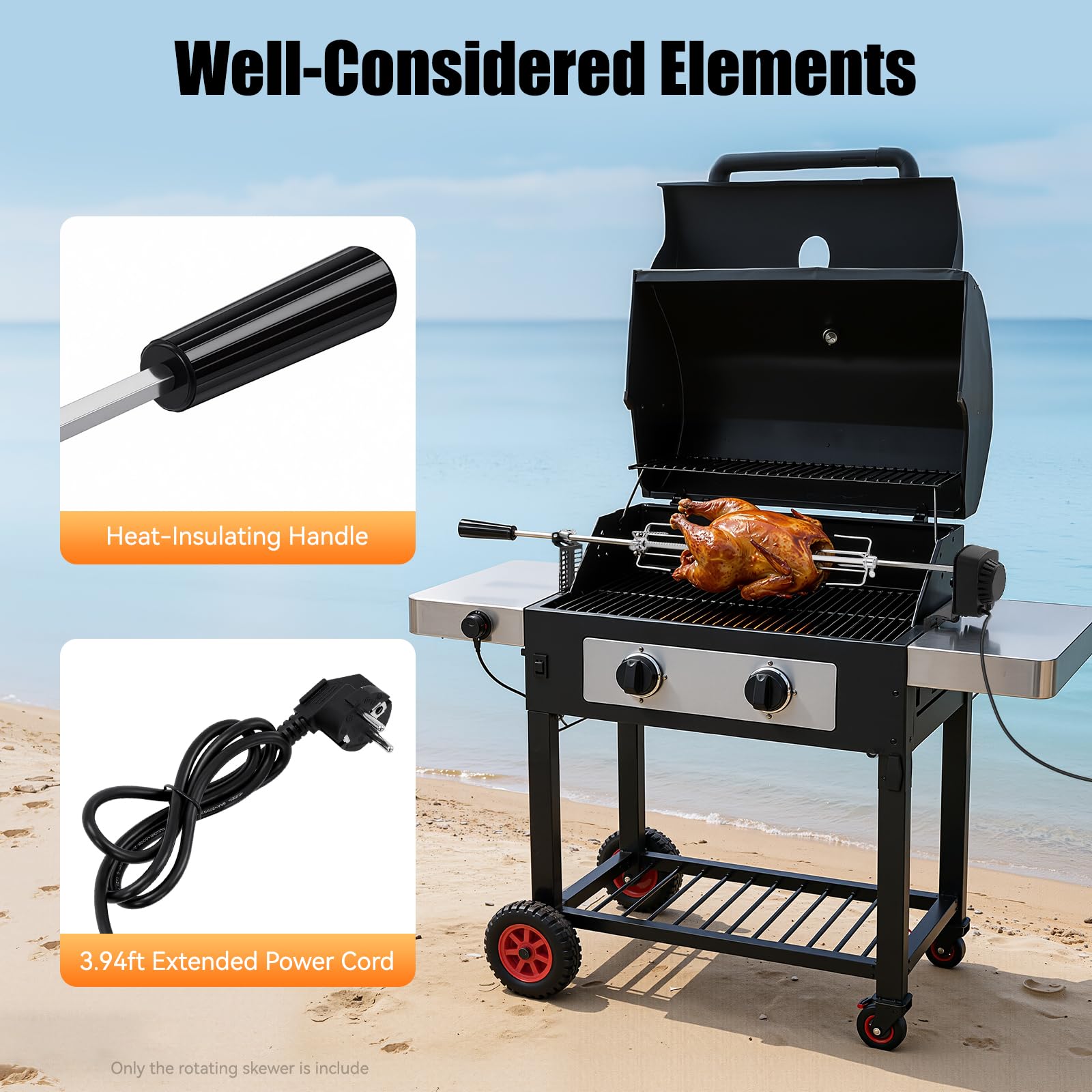 Juego de pinchos giratorios eléctricos, juego de brochetas de acero inoxidable, 220-240 V, pincho giratorio para barbacoa esférica, parrilla de carbón vegetal, barbacoas de gas y asador