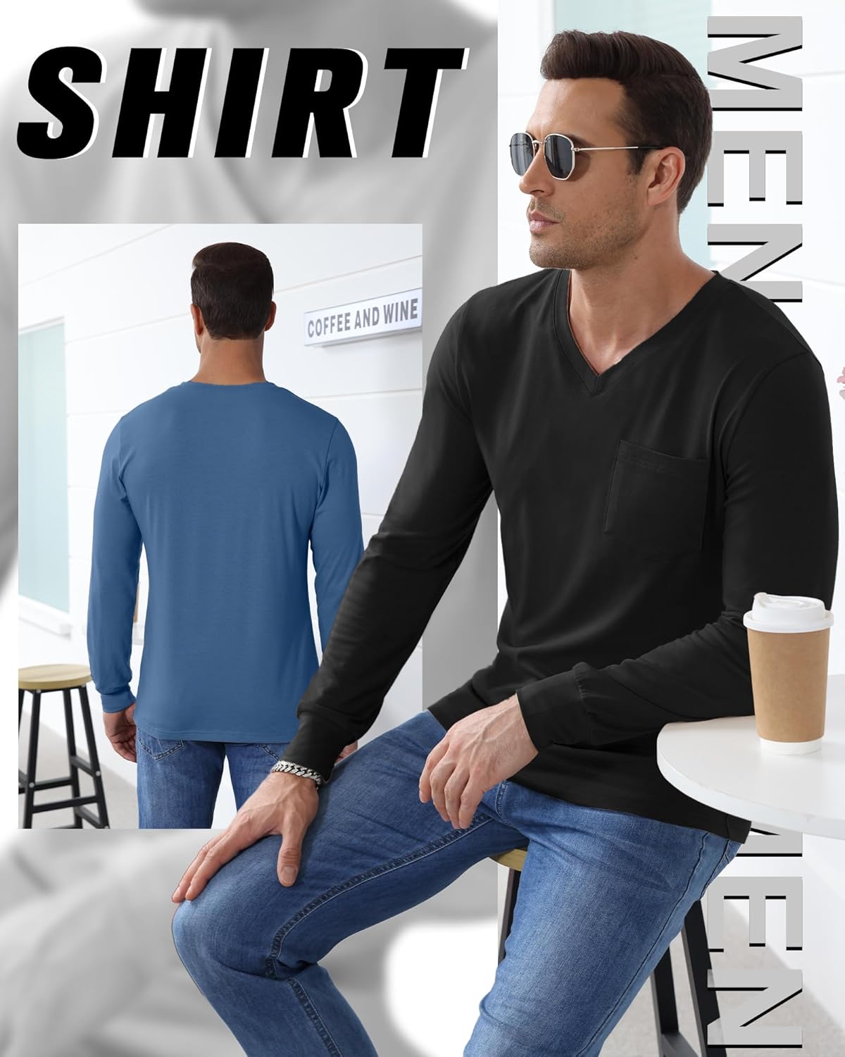 5 Pack Men's Big and Tall Shirts Long Sleeve V Neck Tee Casual Oversized Tops Loose Basic T Shirts with Pocket - Image 2