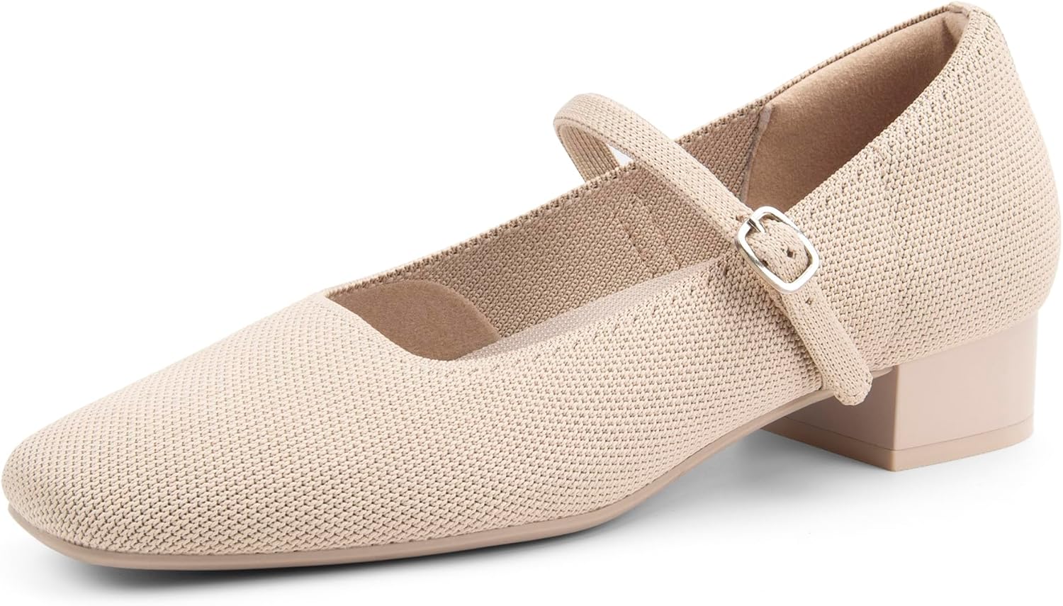 Women's Mary Jane Pumps Chunky Heel Ankle Strap Dress Shoes Knit Stretchy Square Toe Casual Office Low Heels
